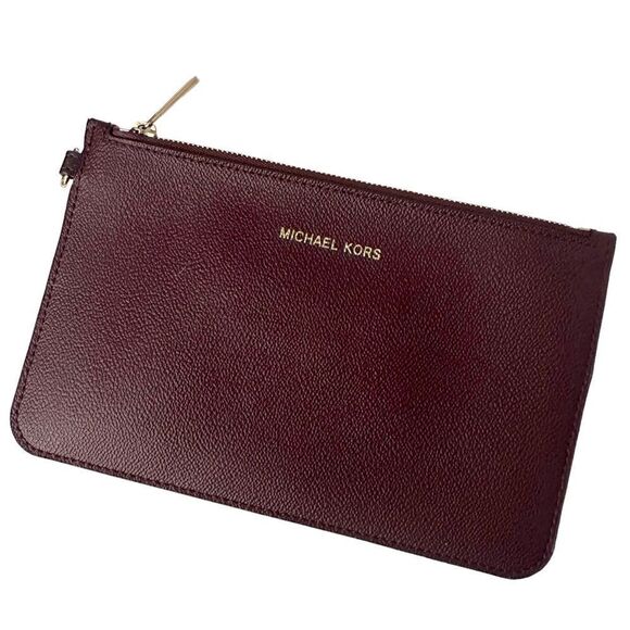 MICHAEL KORS ZIP MAROON LEATHER COSMETIC BAG WALLET WITH LOOP 8x5 Gold HDWRE - Picture 1 of 5